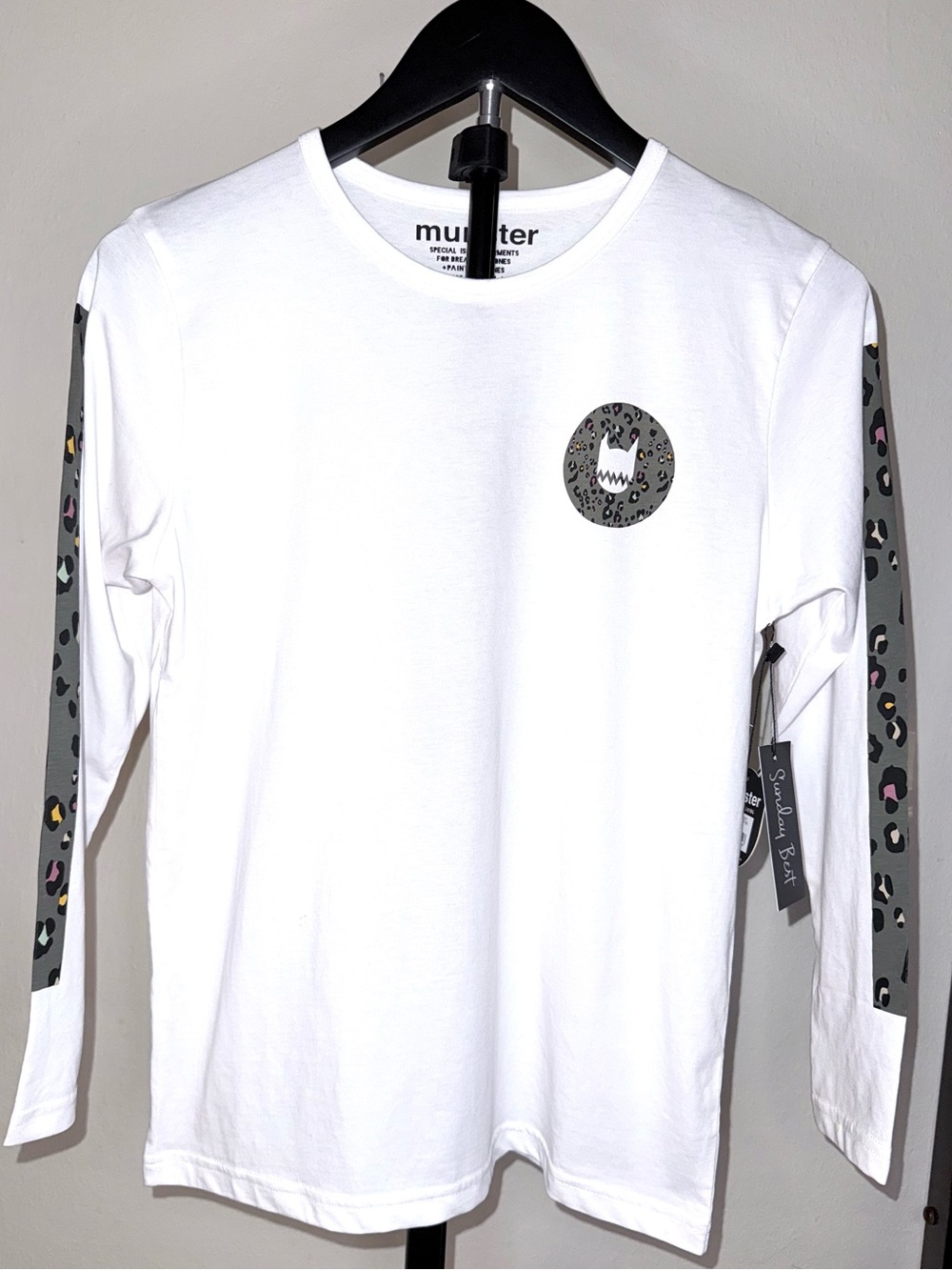 Munster White Long Sleeve Tee with Leopard-Print Sleeve Strips, sz 10, NWT